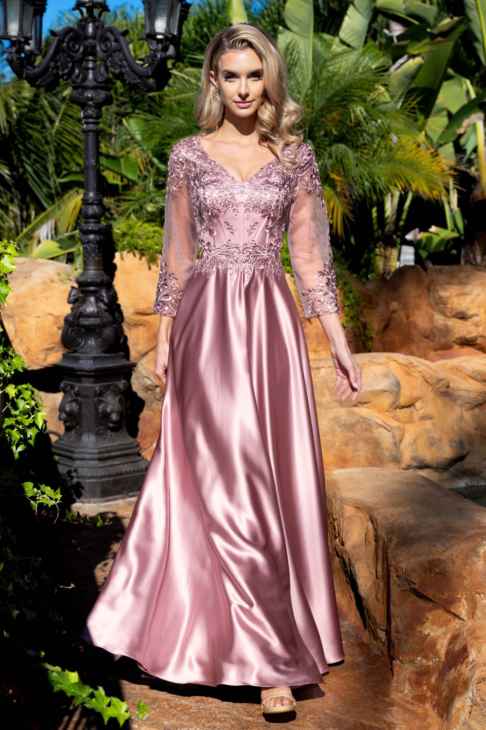 V-Neck Floor-Length Satin Formal A-Line Lenovia 8435