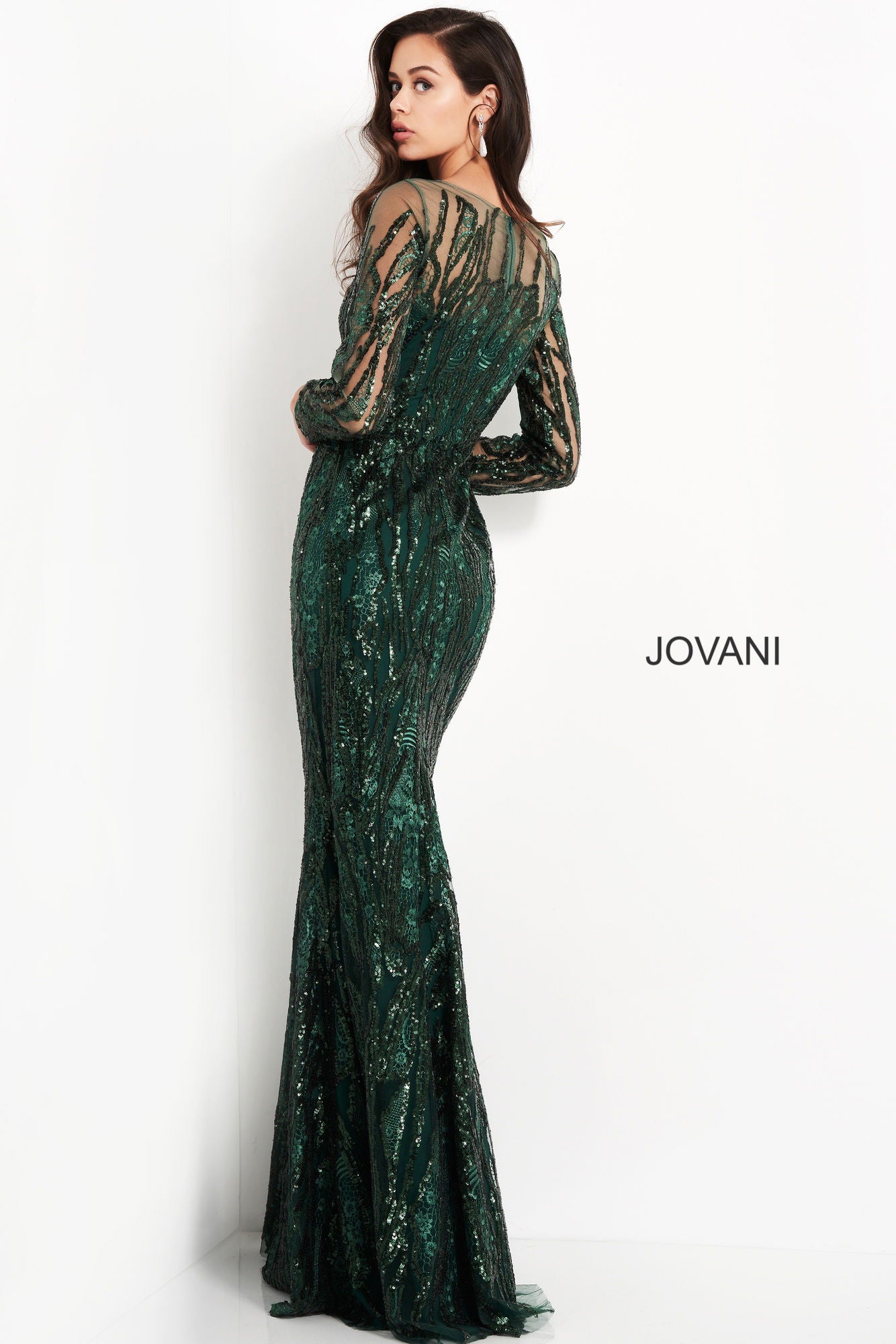Mother of the Bride Dresses Sequin Long Formal Long Sleeve Mother of the Bride Dress Jovani 03936 Dark Green
