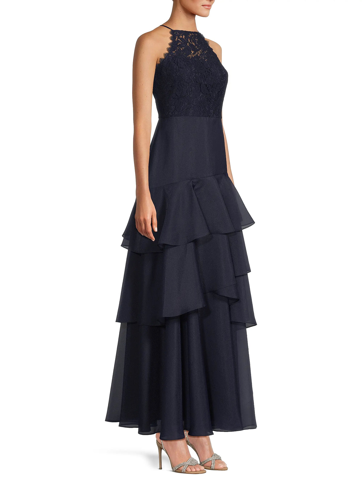 Navy Aidan Mattox MD1E209518 Halter Long Lace Tulle Prom Tiered Gown