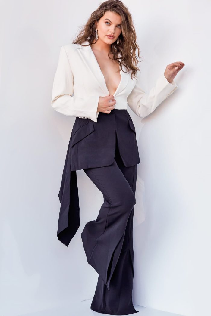 Pant Suit Long Two Piece Formal Pant Suit Ivory/Black
