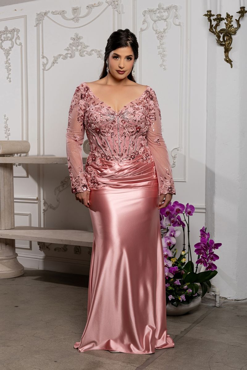 V-Neck Floor-Length Satin Evening Gown Mermaid May Queen 2204