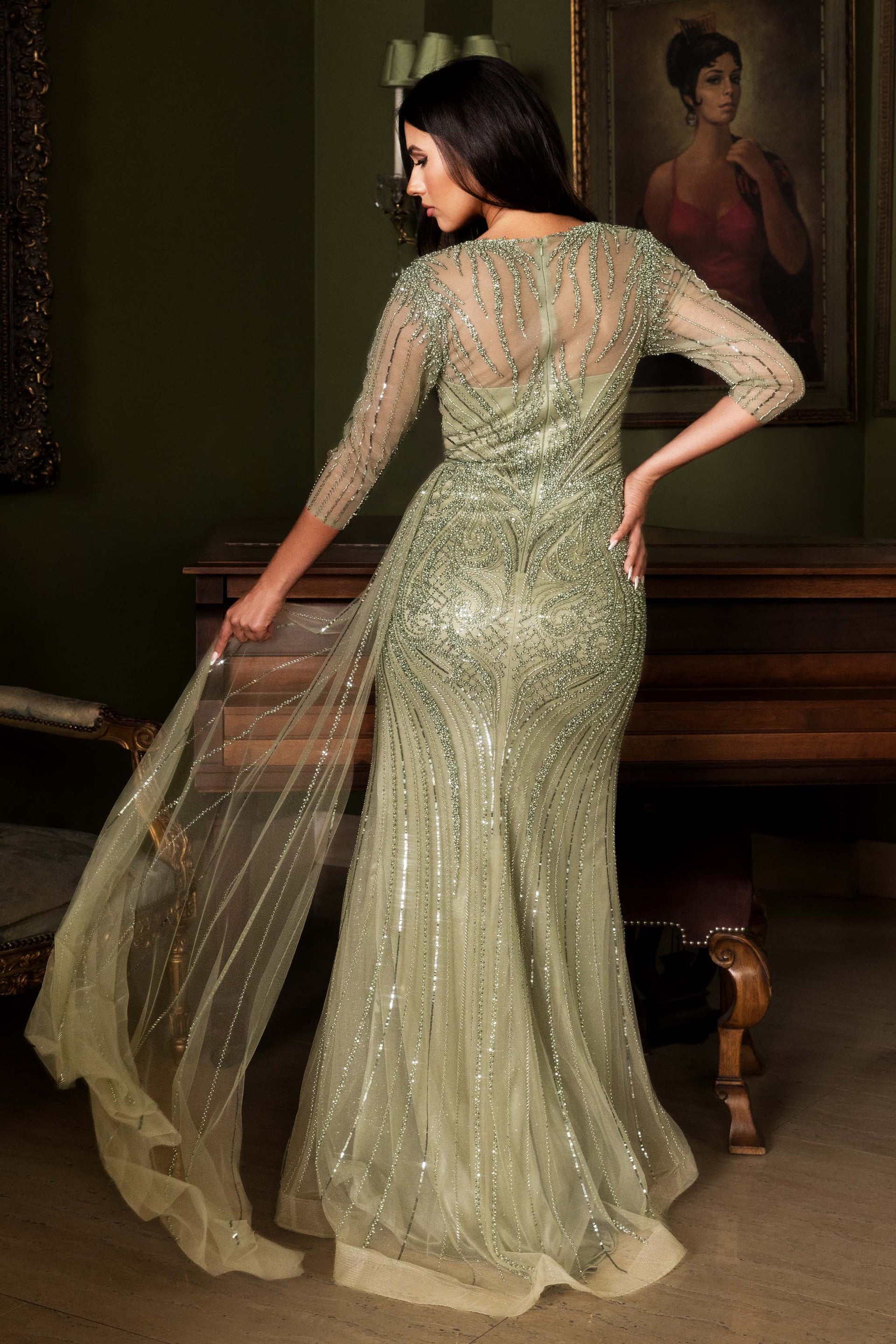 V-Neck Floor-Length Sequin Formal Mermaid Lenovia 8472