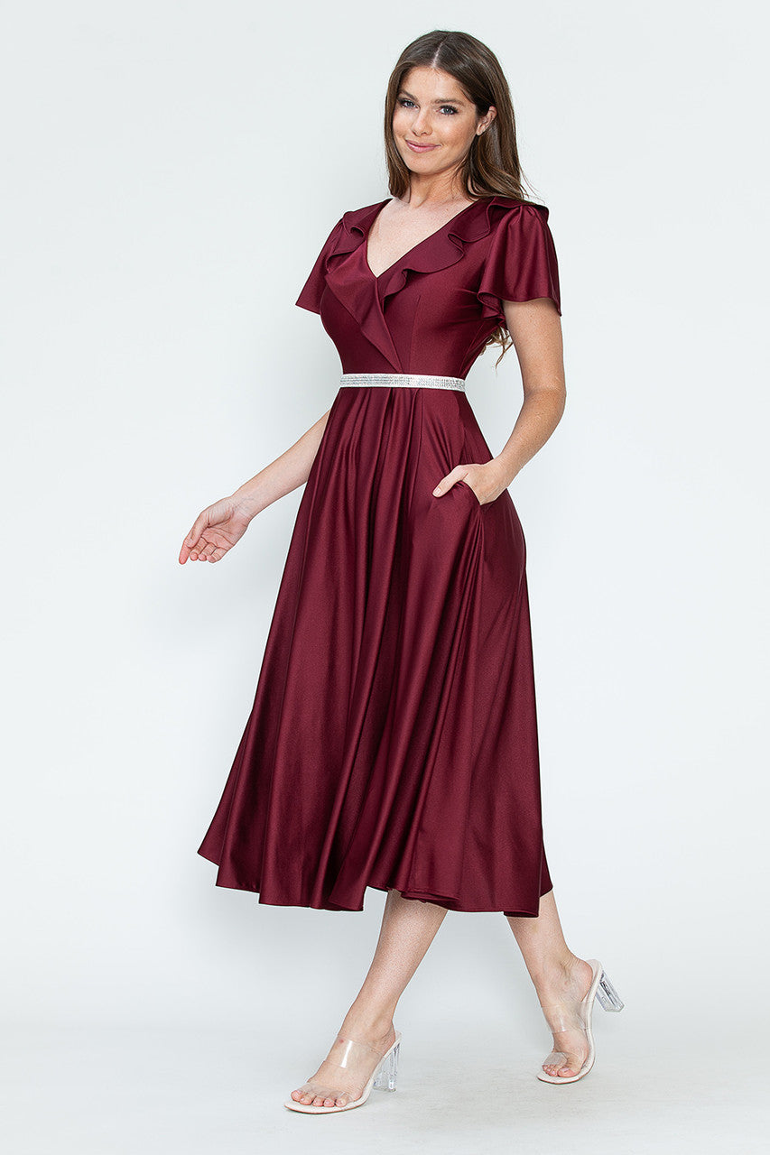 Cocktail Dresses Short Ruffle Pleated Midi Cocktail Dress Lenovia 5295 Burgundy