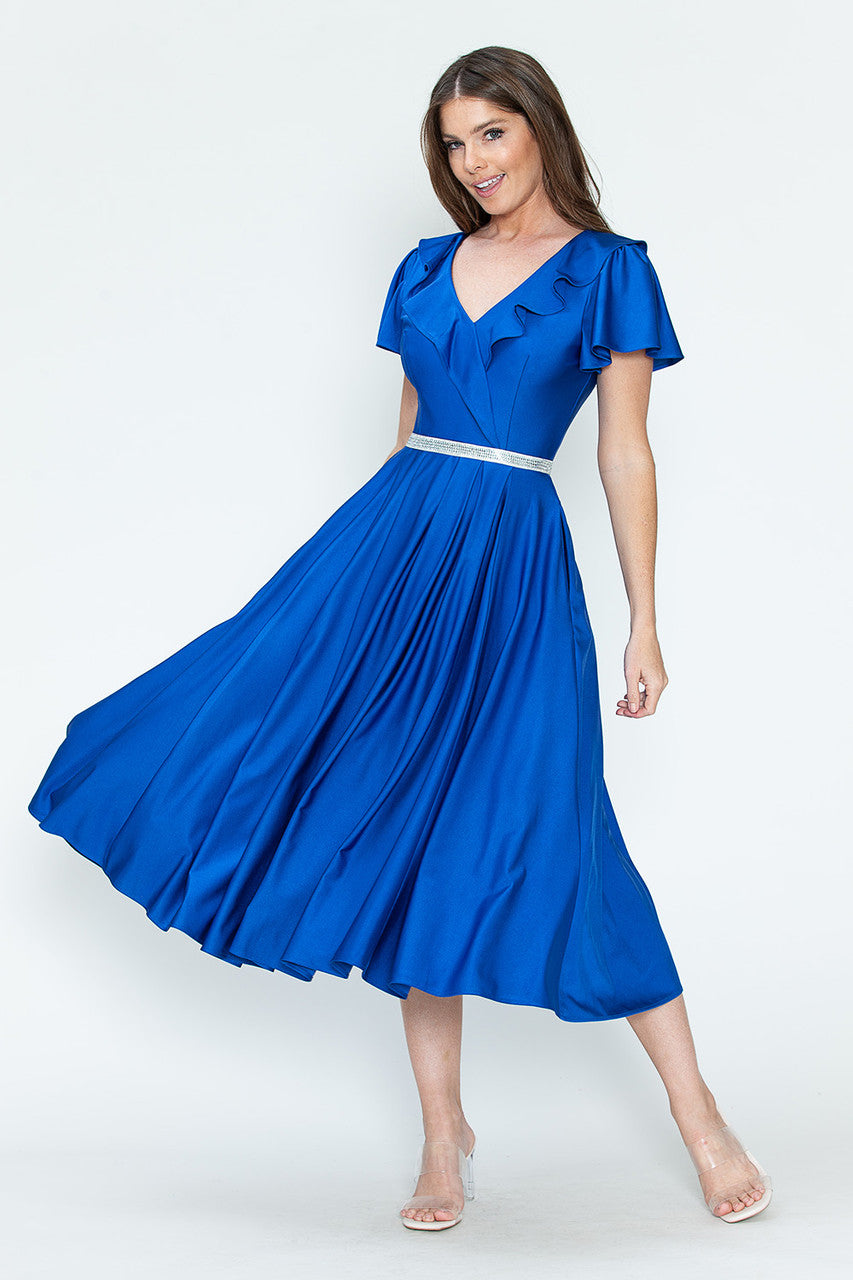 Cocktail Dresses Short Ruffle Pleated Midi Cocktail Dress Lenovia 5295 Royal Blue