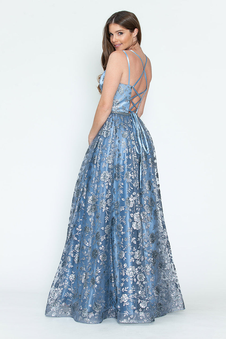 Prom Dresses Glitter Corset Long Formal Floral Prom Dress Lenovia 8235 Denim Blue