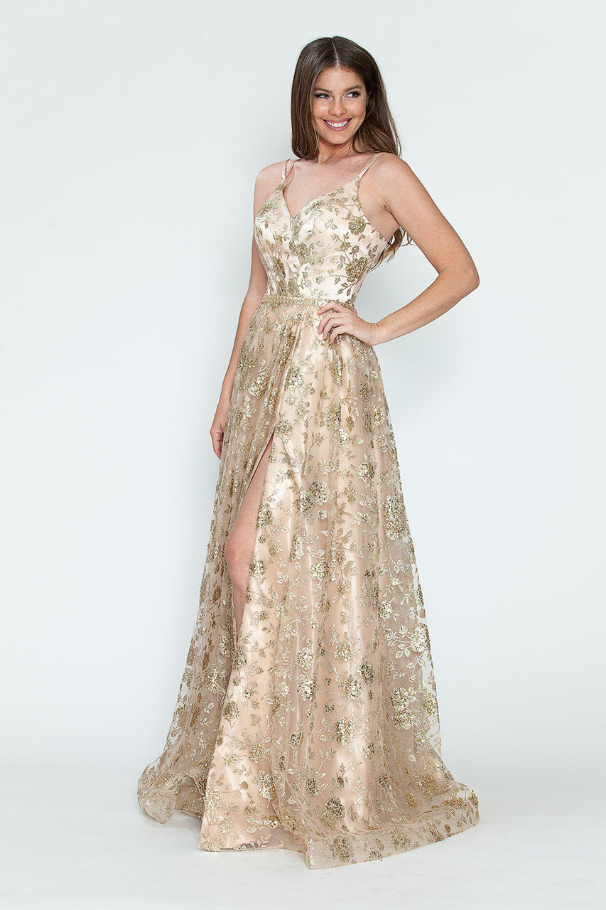 Prom Dresses Glitter Corset Long Formal Floral Prom Dress Lenovia 8235 Champagne Gold