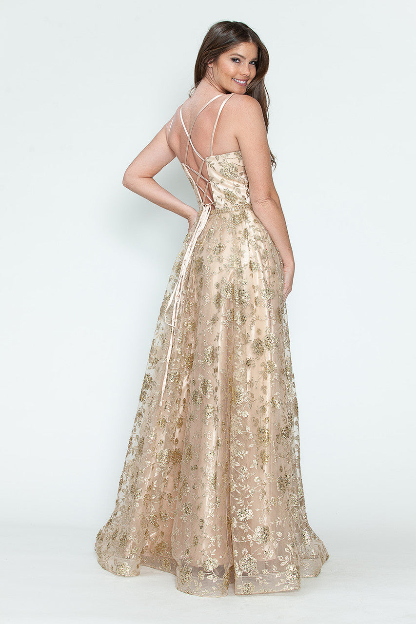 Prom Dresses Glitter Corset Long Formal Floral Prom Dress Lenovia 8235 Champagne Gold