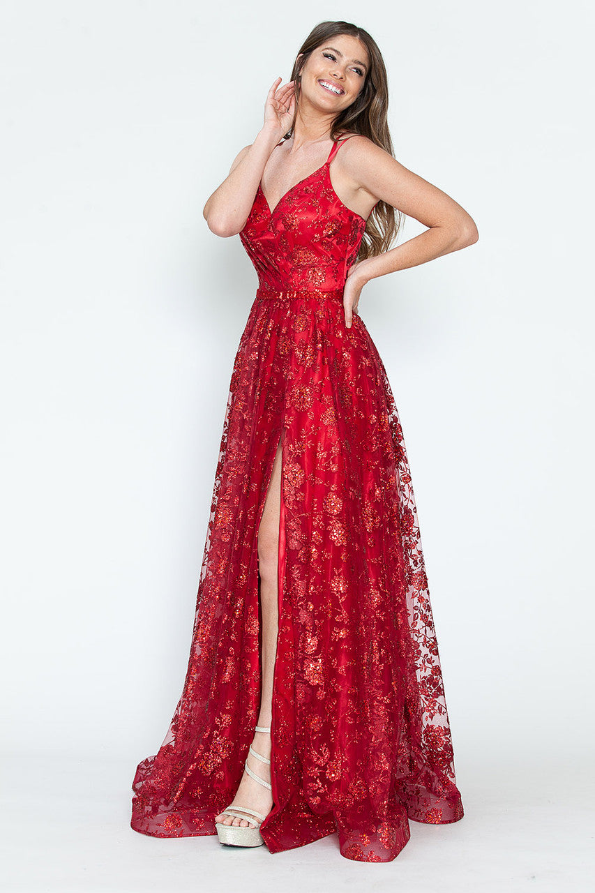 Prom Dresses Glitter Corset Long Formal Floral Prom Dress Lenovia 8235 Wine