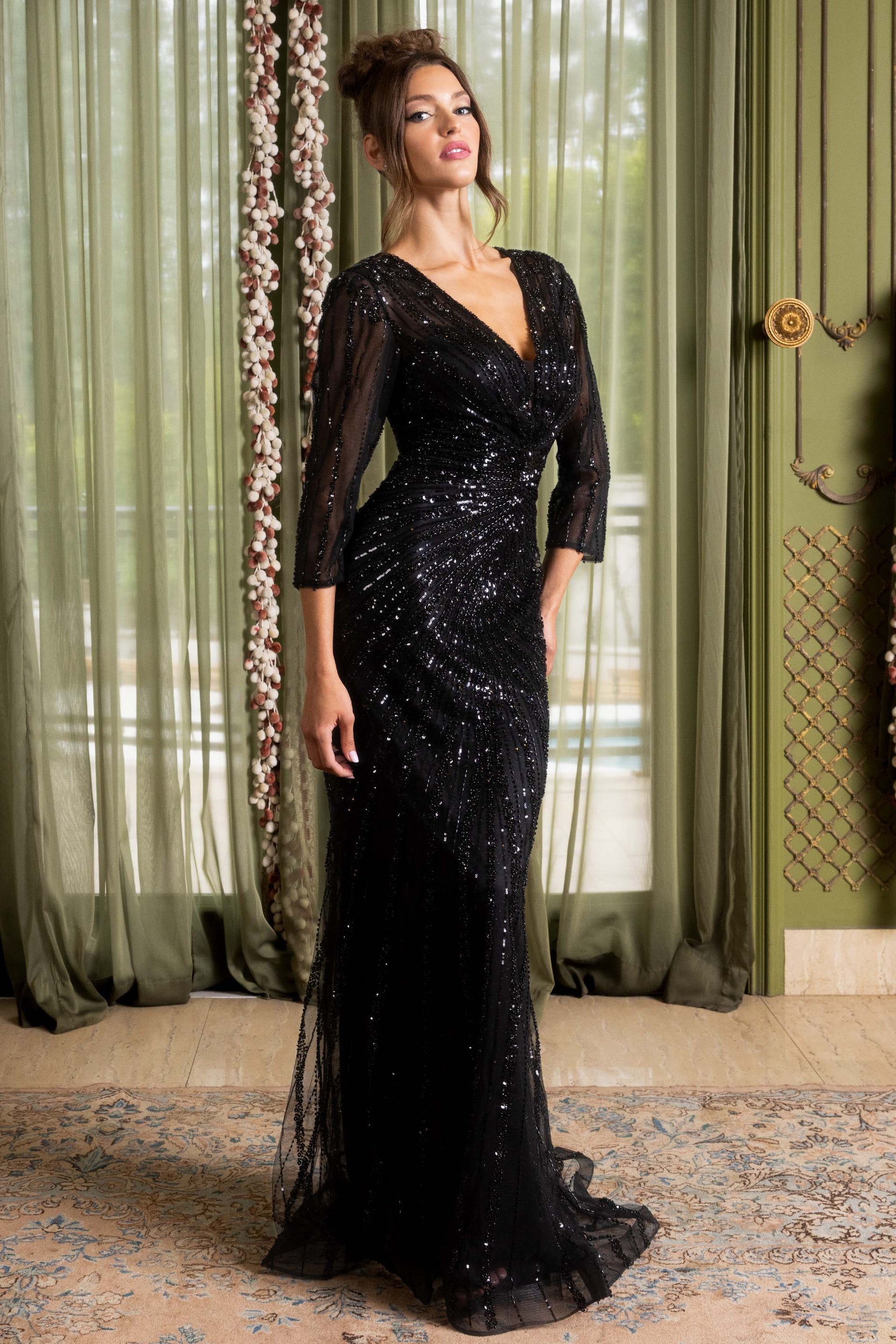 V-Neck Floor-Length Sequin Evening Sheath Lenovia 8473