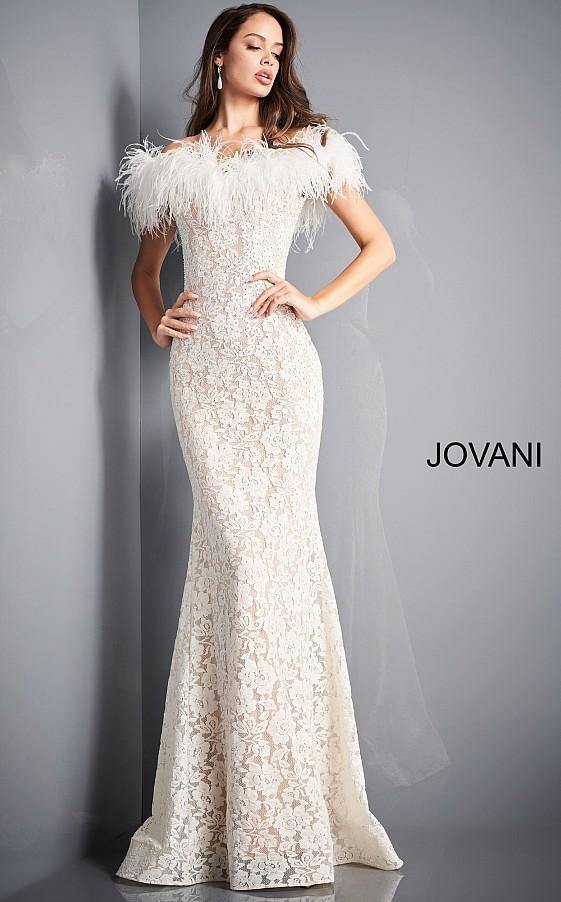Prom Dresses Feather Long Mermaid Formal Lace Prom Dress Ivory