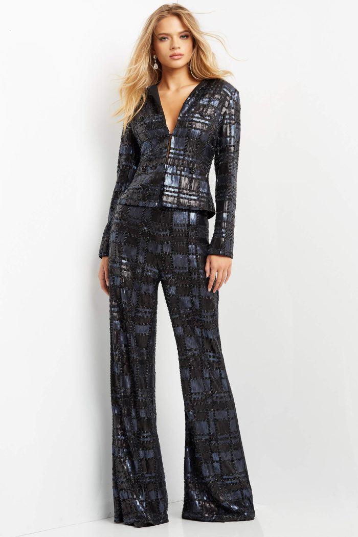 Pant Suit Sequin Long Formal Pant Suit NavyBlack