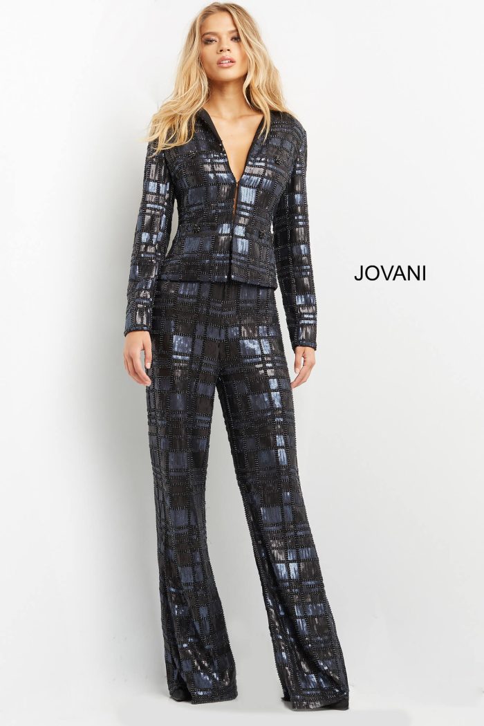 Pant Suit Long Beaded Formal Sequin Fit Pant Suit Navy Black