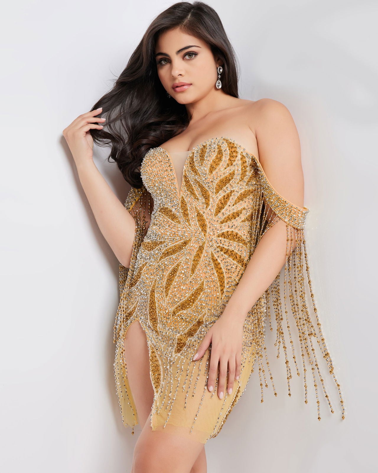 Cocktail Dresses Beaded Fringe Short Slit Cocktail Dress Yellow Silver