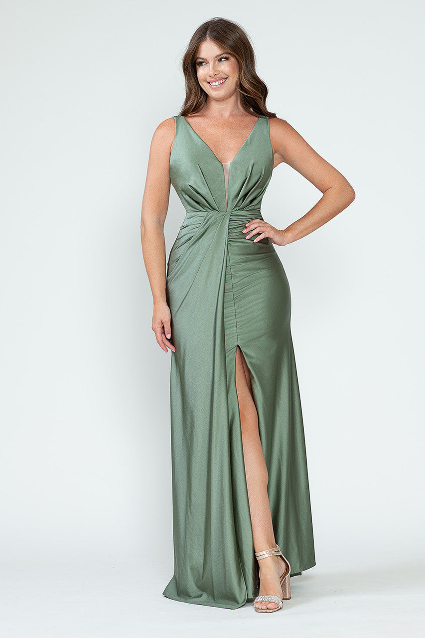 Prom Dresses Long Fitted Pleated Prom Formal Slit Dress Lenovia 5319 Sage