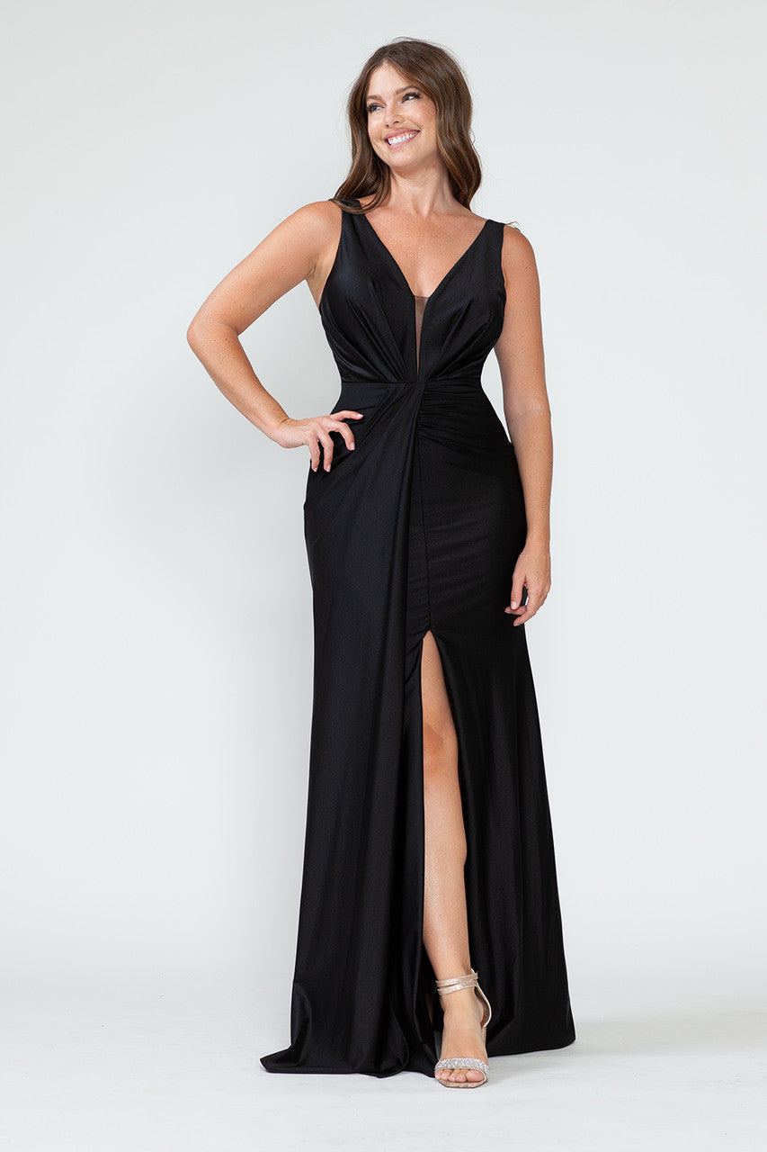 Prom Dresses Long Fitted Pleated Prom Formal Slit Dress Lenovia 5319 Black