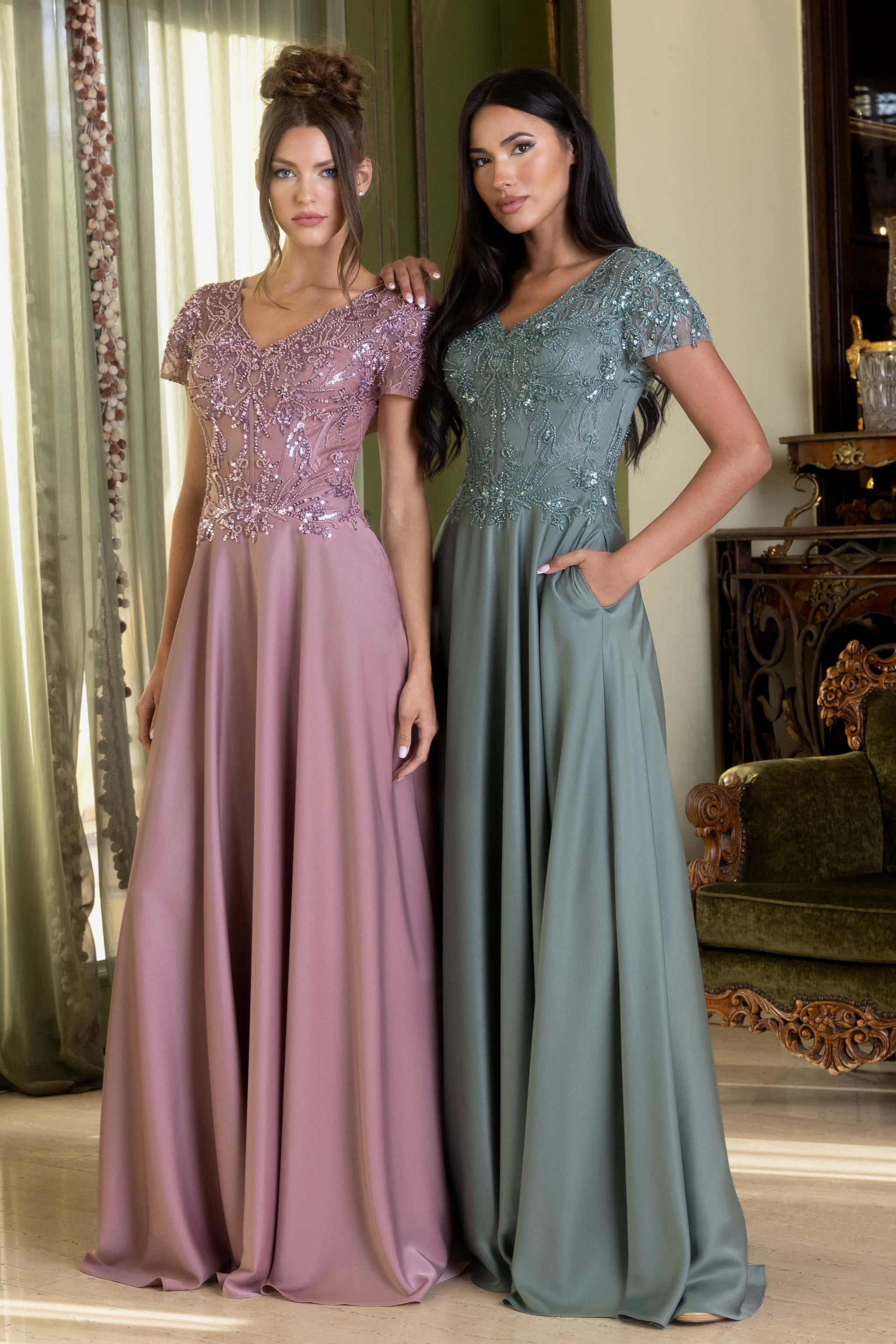 V-Neck Floor-Length Satin Formal A-Line Lenovia 8419