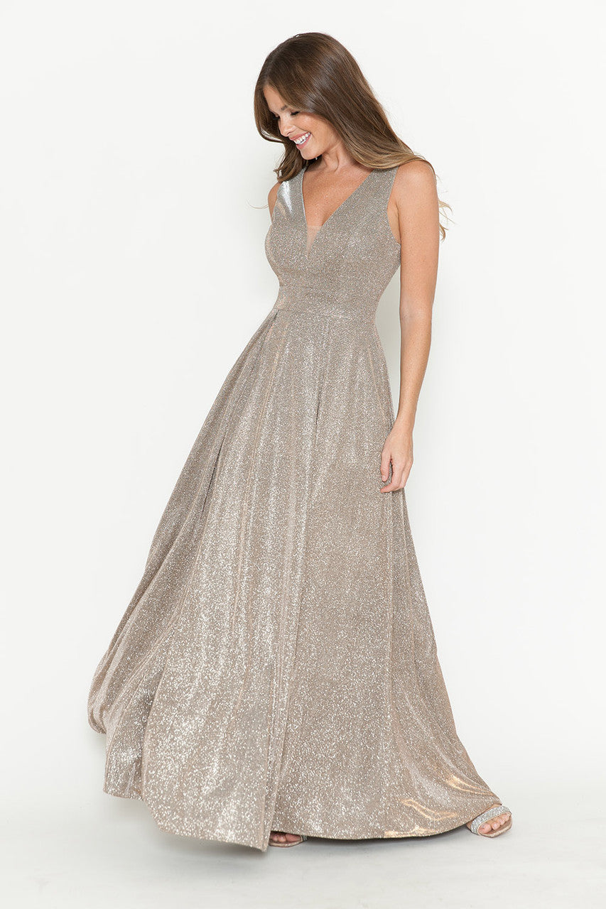 Formal Dresses Pleated Long Metallic Formal Prom Dress Lenovia 5256 Taupe