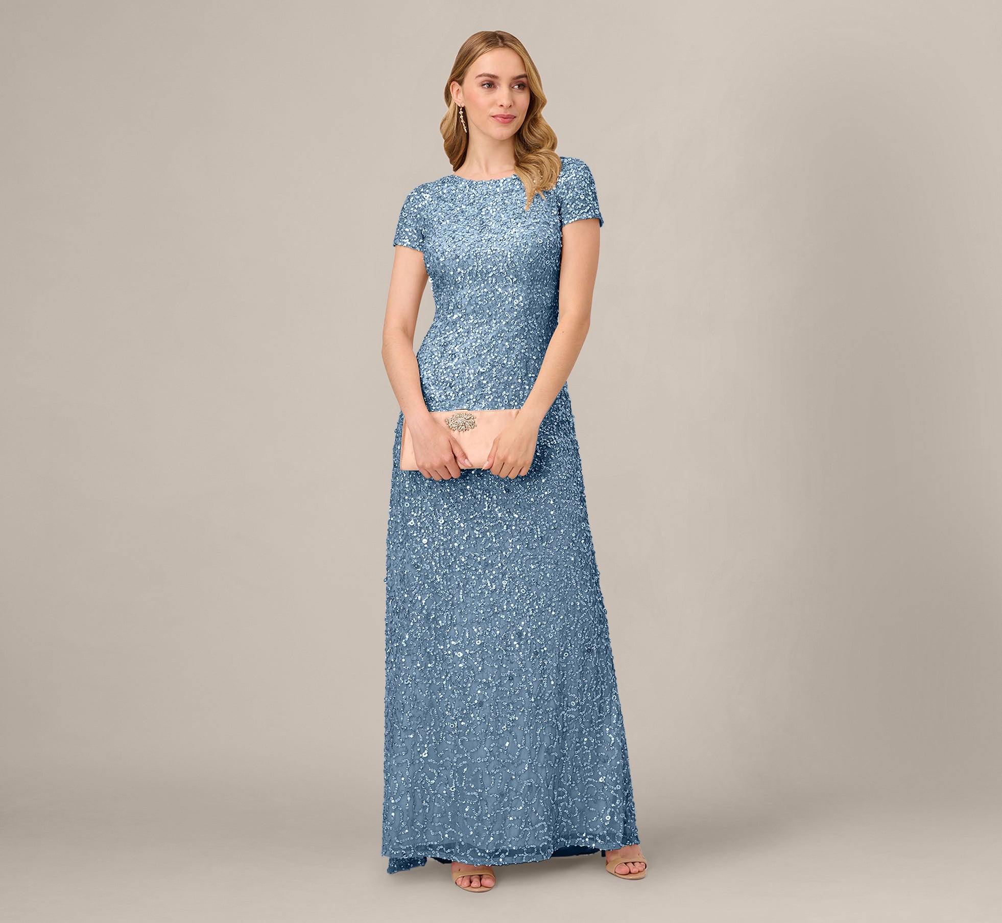 Nile Blue Jewel Neck Floor-Length Sequin Formal Sheath Gown Adrianna Papell 091874600