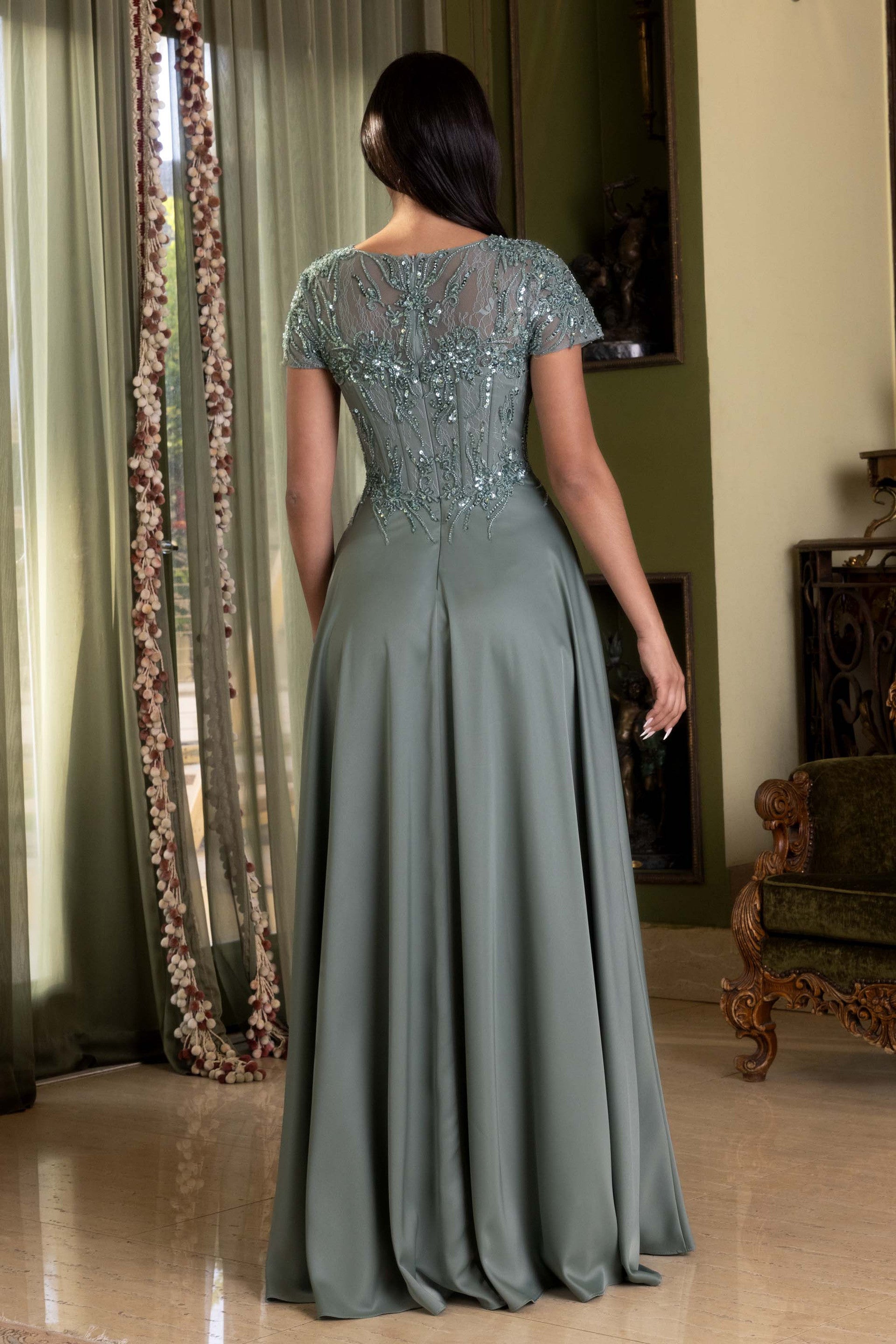 V-Neck Floor-Length Satin Formal A-Line Lenovia 8419