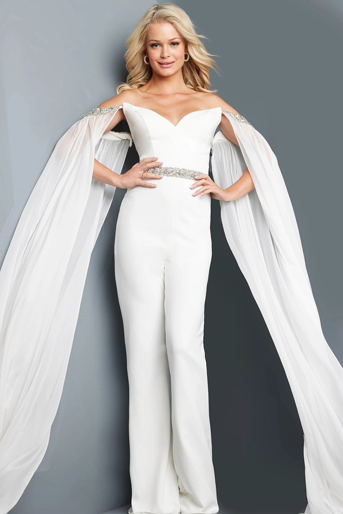 Prom Dress Prom Romper With Cape White Jovani 09790 Long Formal
