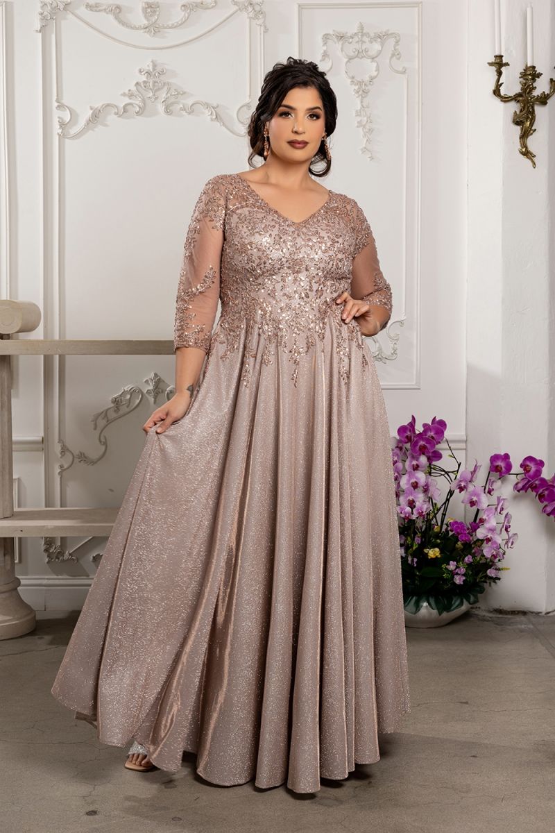 V-Neck Floor-Length Mesh Evening Gown A-Line May Queen MQ2227