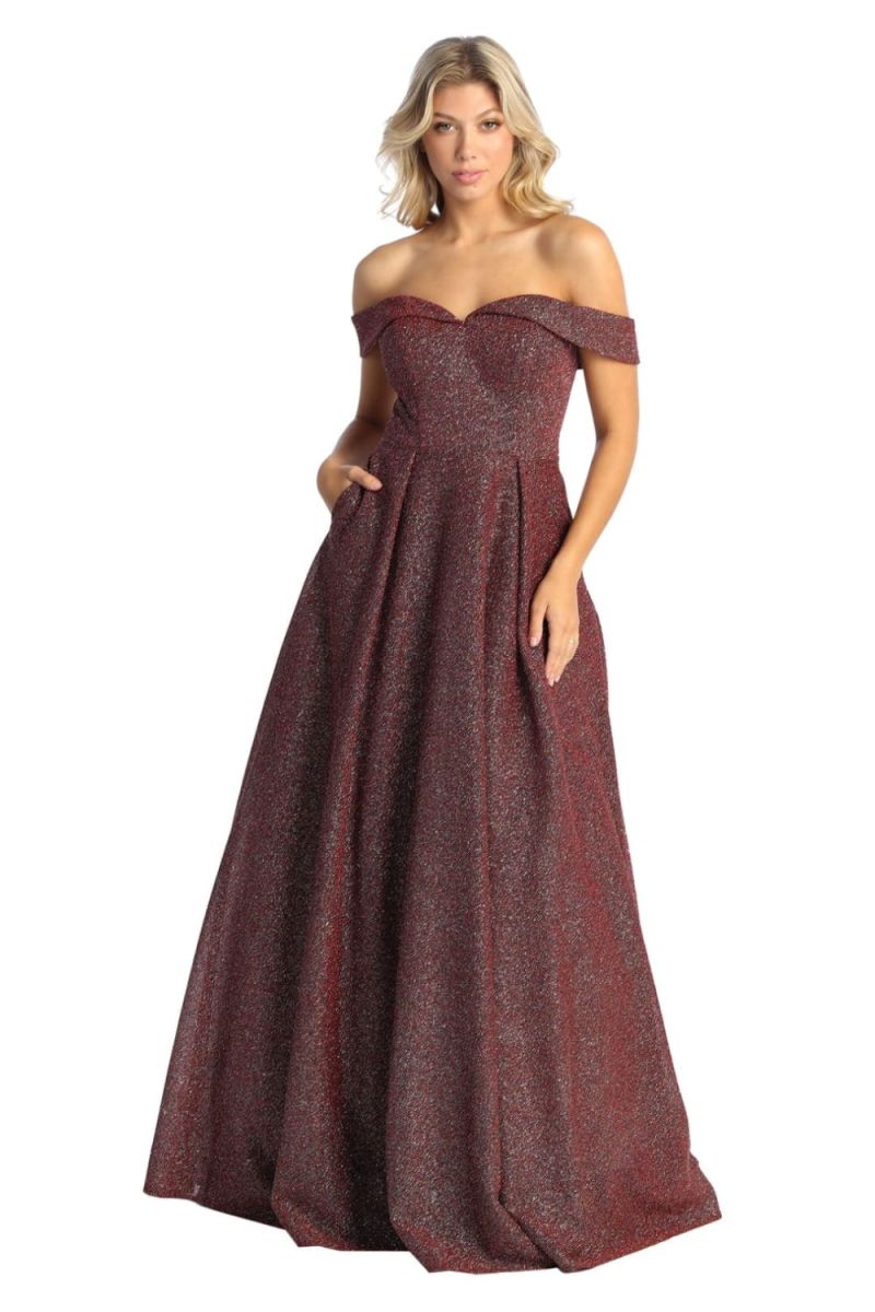 Burgundy Off-the-Shoulder Floor-Length Glitter Prom Dress A-Line May Queen MQ1915