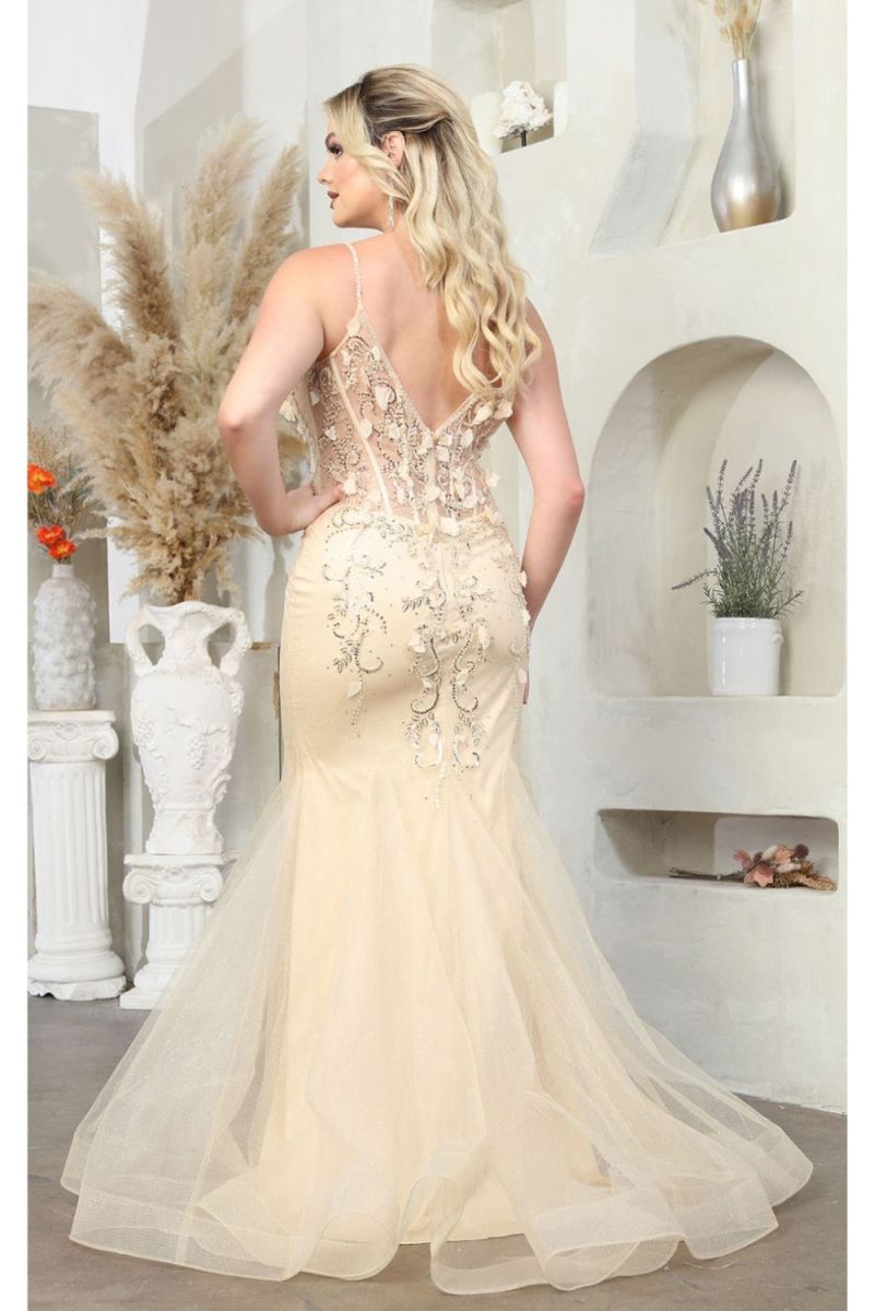 Champagne/Gold V-Neck Floor-Length Tulle Prom Dress May Queen RQ8030
