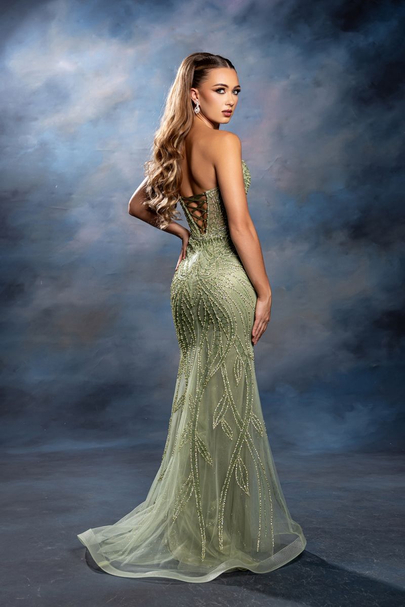 Army Sage Sweetheart Floor-Length Mesh Prom Dress Corest May Queen RQ8241