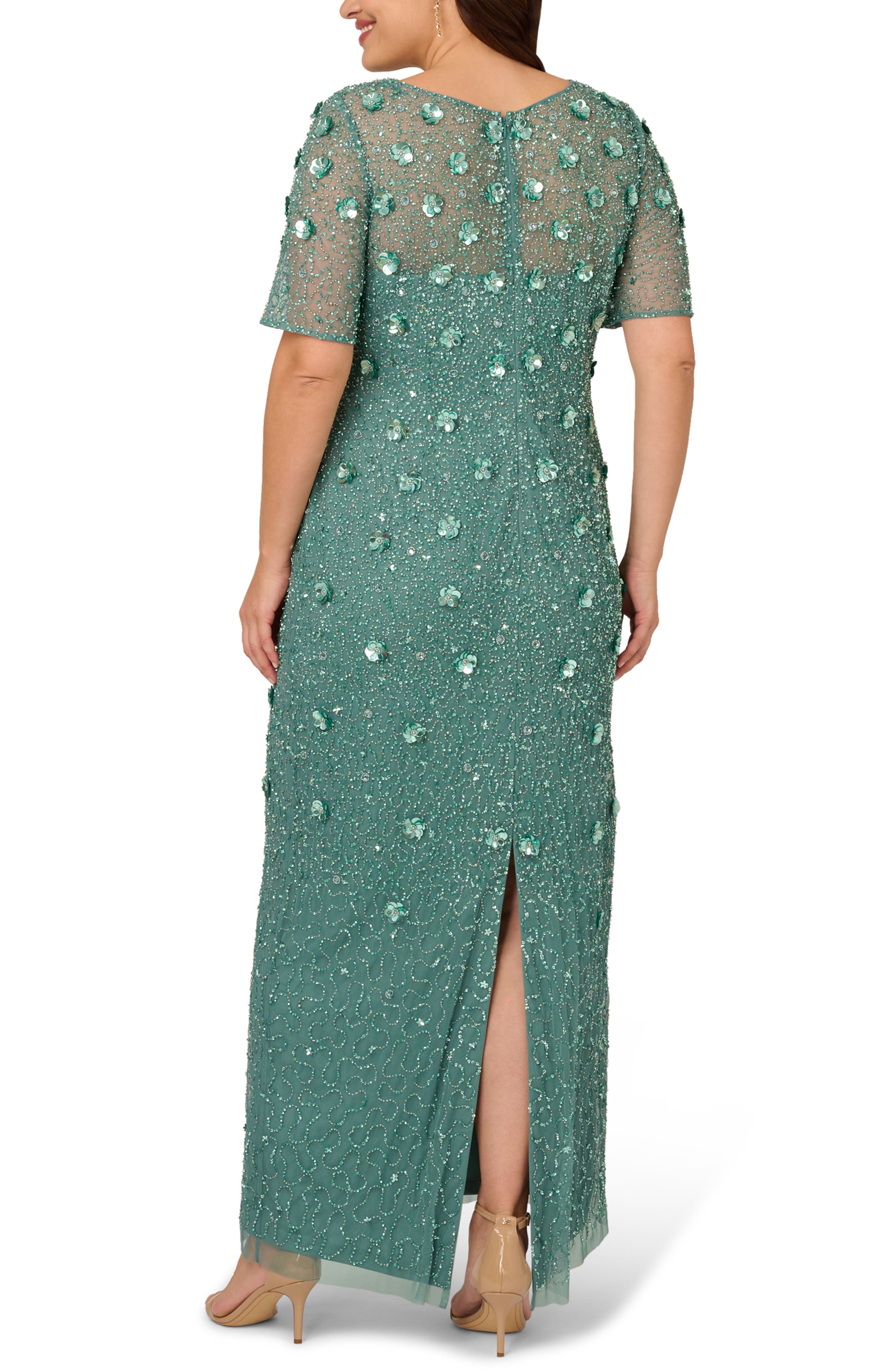 Green Slate Adrianna Papell AP1E209314 Scoop Floor-Length Mesh Formal Floral Sequin Gown
