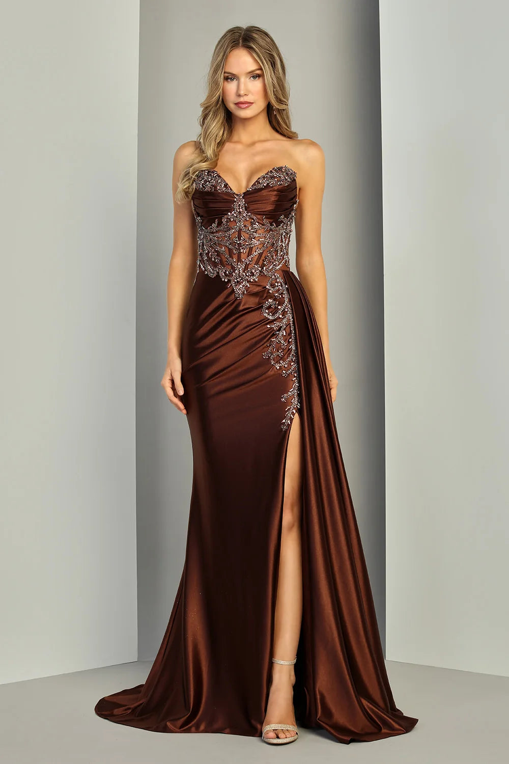 Prom Dresses Long Formal Beaded Slit Prom Dress Adora Design 3373 Espresso