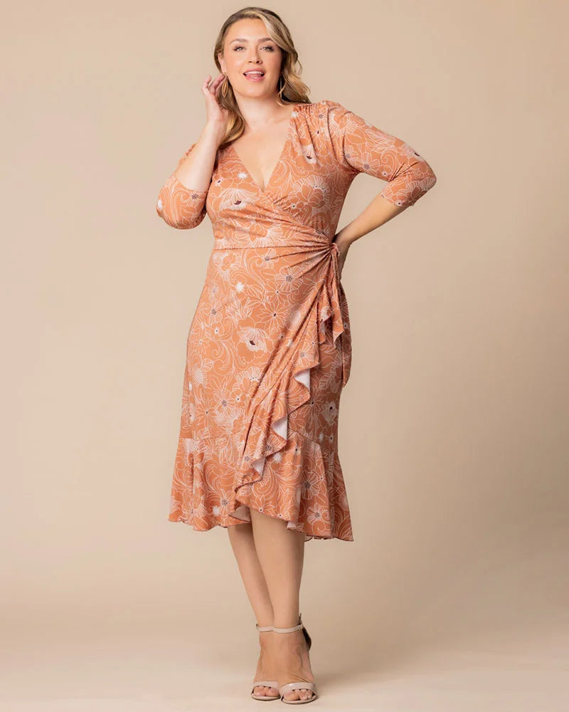 Plus Size Dresses Plus Size Formal Floral Print Midi Cocktail Formal Dress Kiyonna 12132217 Apricot Floral Print