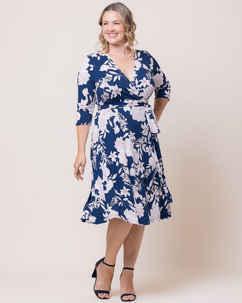 Plus Size Dresses Short Fitted Print Midi Cocktail Dress Navy Lily Peony Print