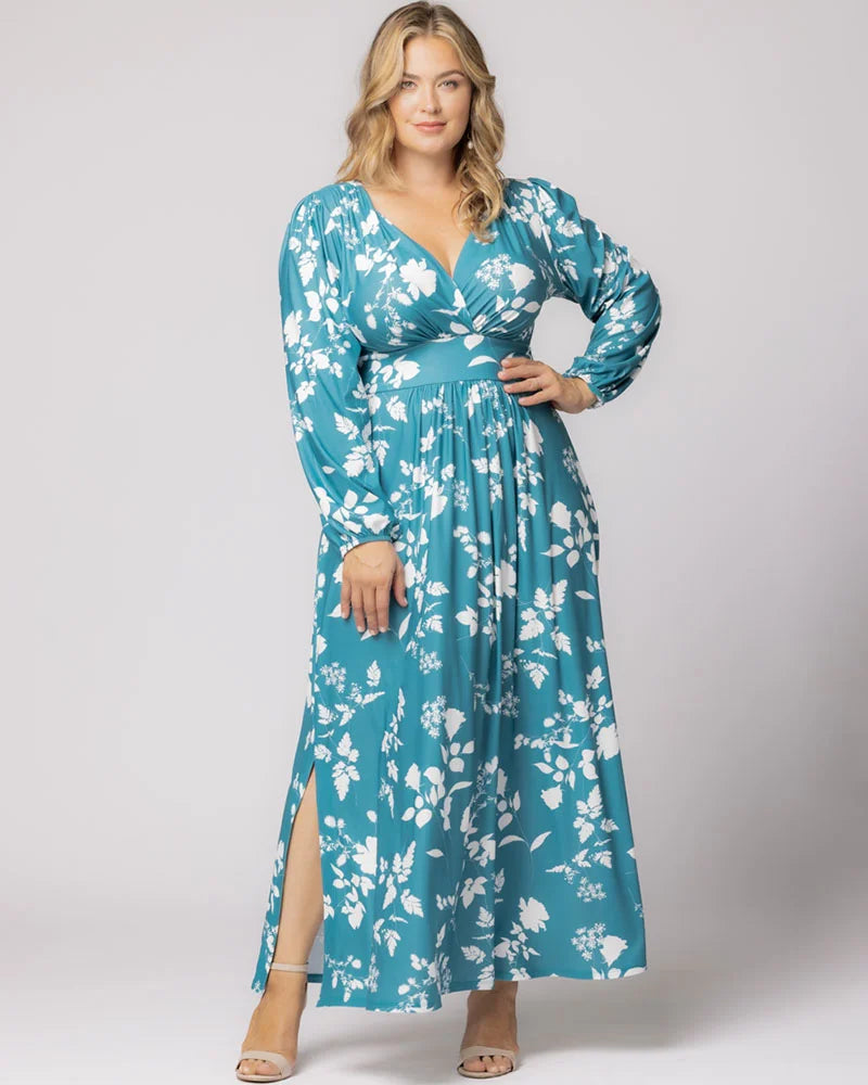 Plus Size Dresses Long Sleeve Tea Length Short Cocktail Dress Aqua Blooms