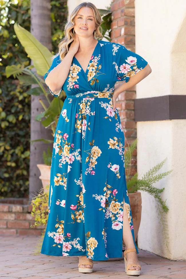 Plus Size Dresses Mother of the Bride Long Formal Plus Size Dress Teal Floral Print