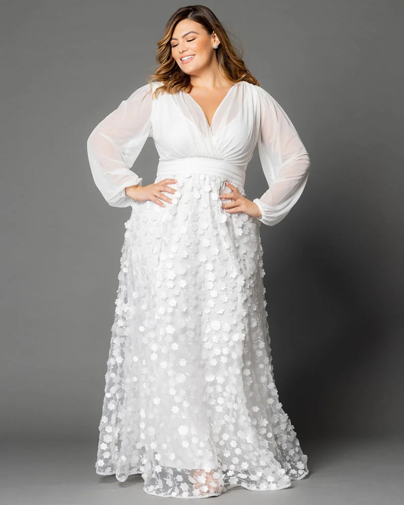 Wedding Dresses Long Sleeve 3D Floral A Line Plus Size Wedding Dress Kiyonna 19233607 Ivory Blossoms