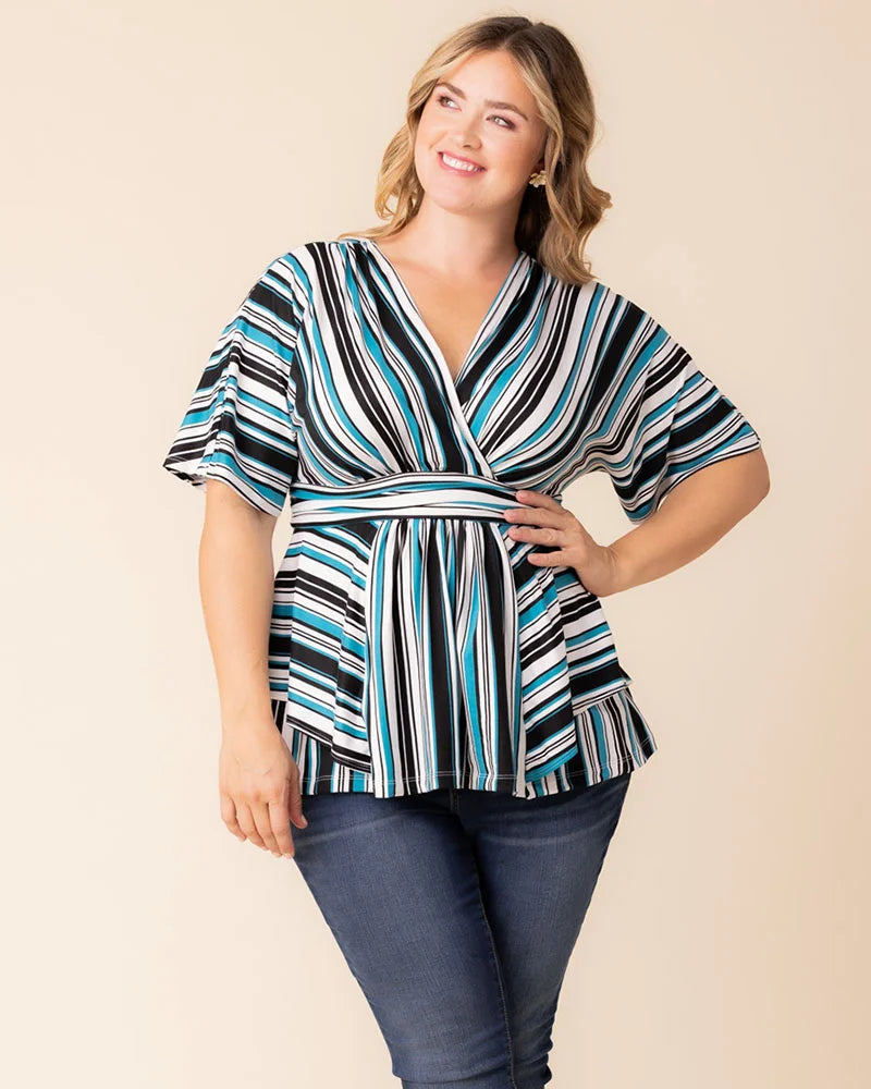 Top Plus Size Formal Top Kiyonna 22240703 Teal Stripes