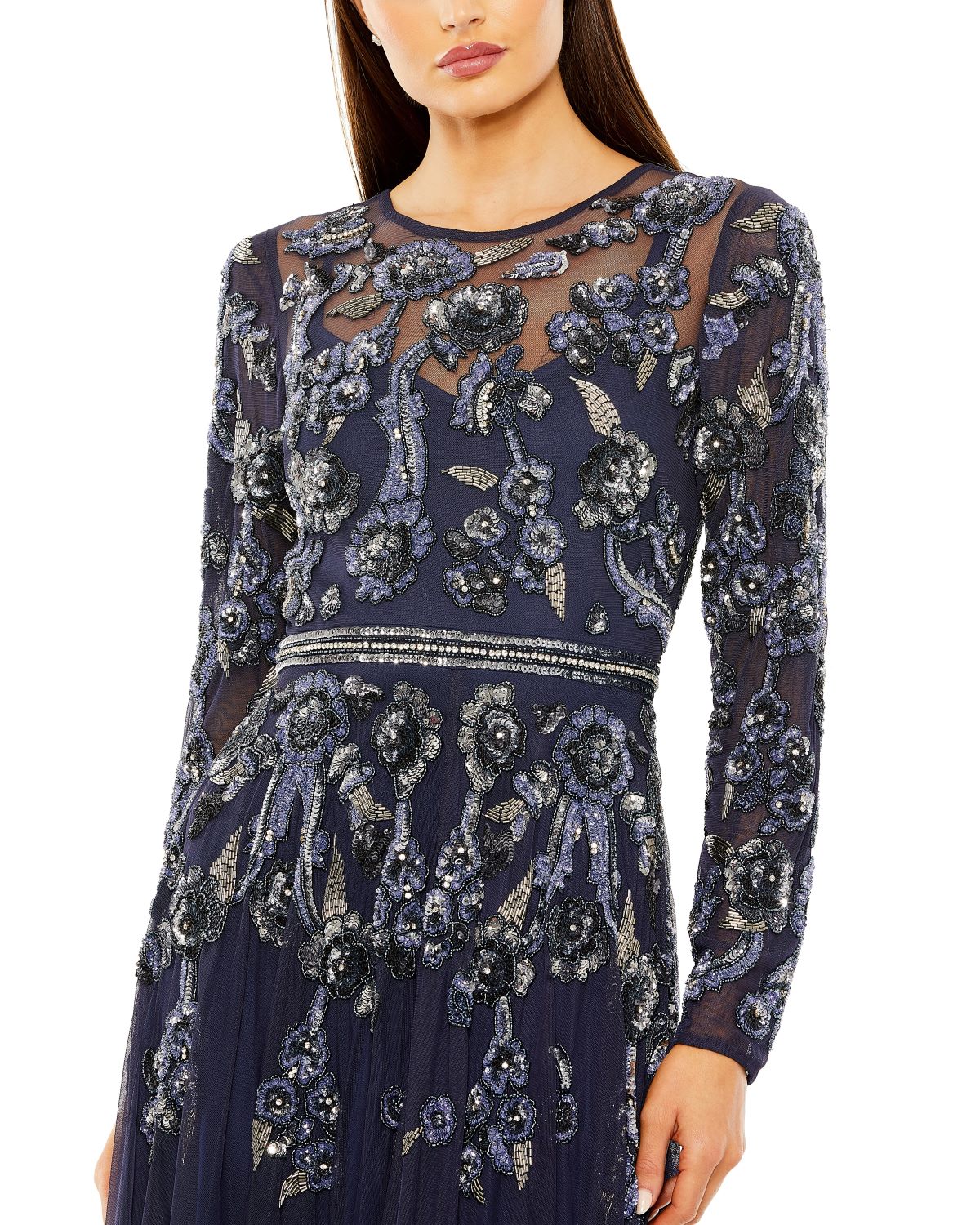 Formal Dresses Long Sleeve Beaded A Line Formal Dress Midnight Multi