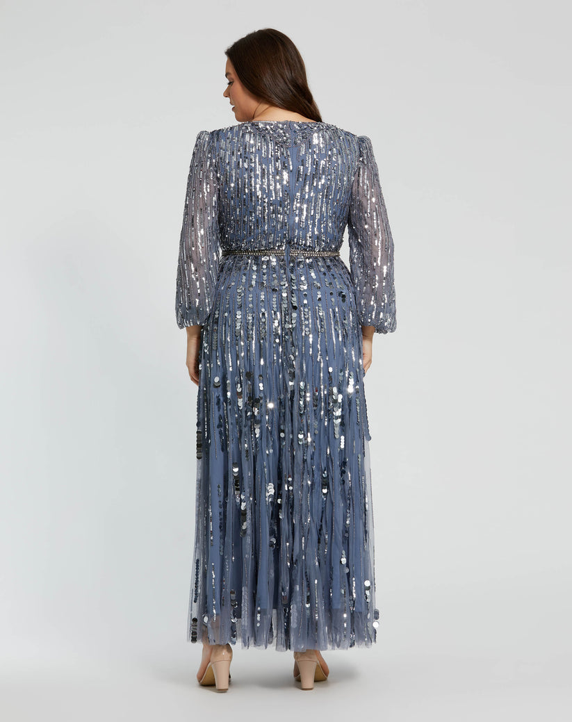 Plus Size Dresses Long Sleeve Formal Sequin Plus Size Dress Slate Blue
