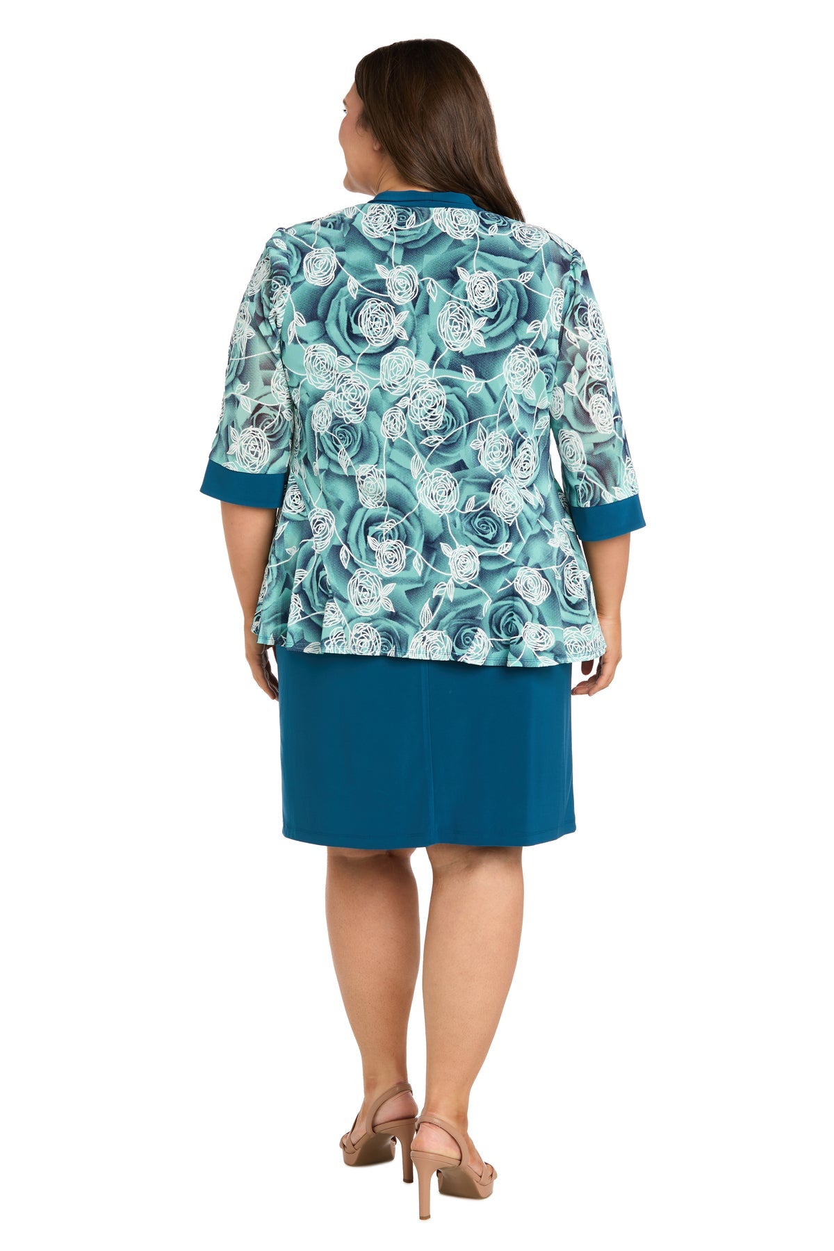 Teal/Blue R&M Richards 1009W Scoop Neck Knee-Length Floral Cocktail Printed Jacket Dress