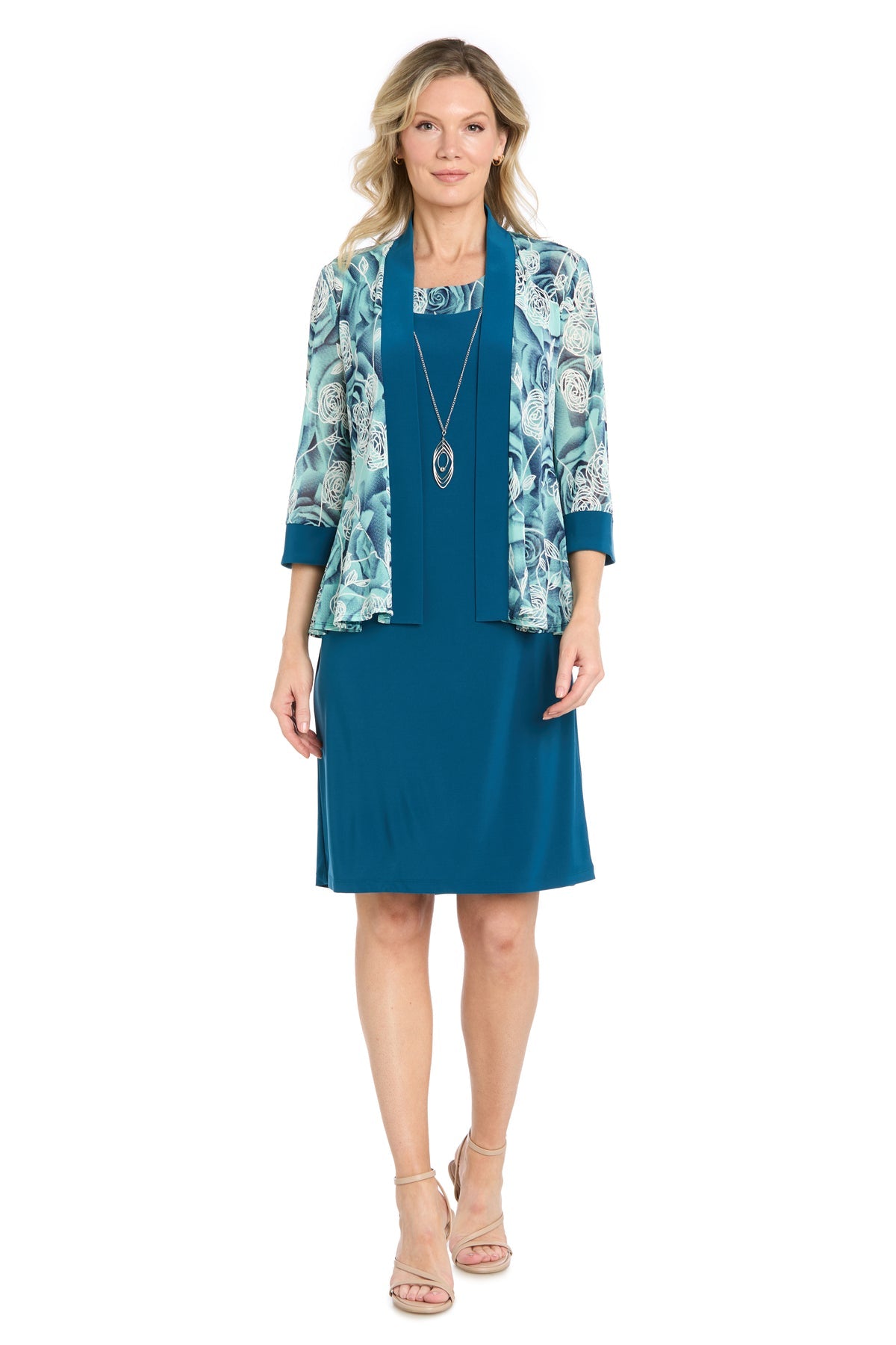 Teal/Blue R&M Richards 1009 Scoop Neck Knee-Length Floral Cocktail Print Dress