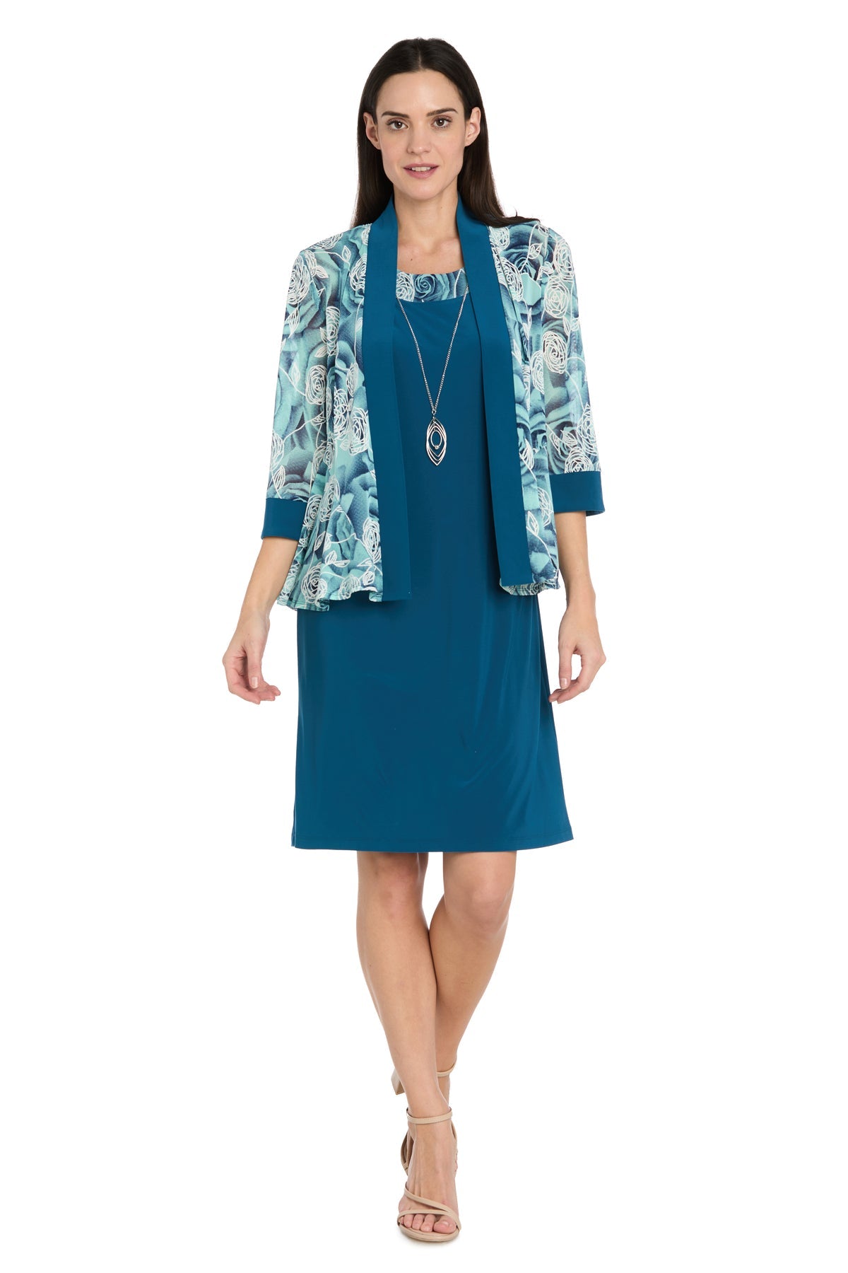 Scoop Neck Knee-Length Jersey Cocktail Dress by R&M Richards 1009P in Teal/Blue