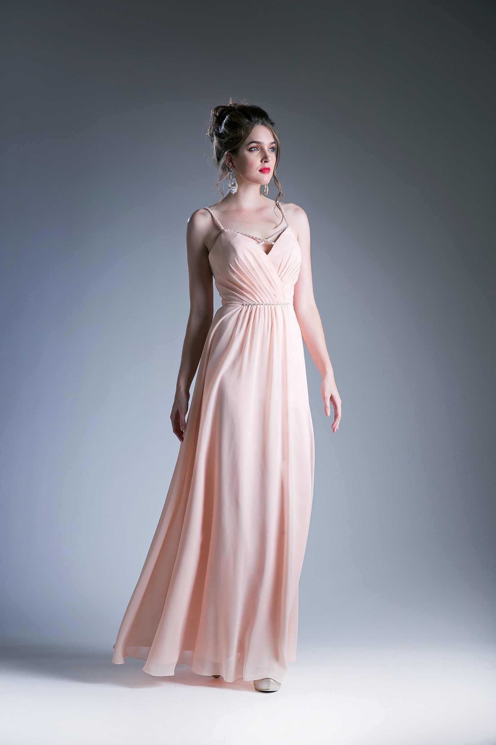 Prom Dresses Pleated A Line Long Formal Beaded Prom Dress Peach