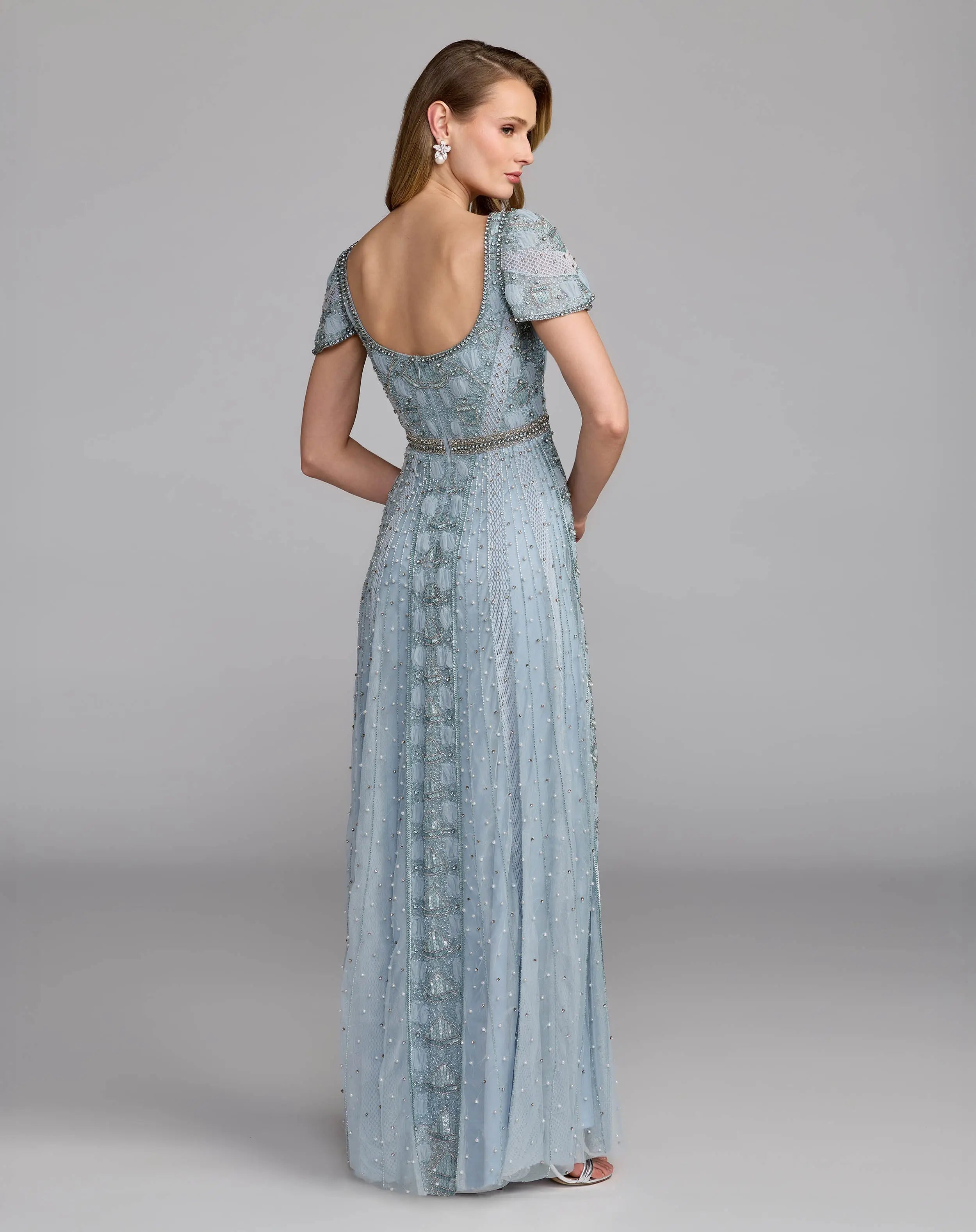 Slate Blue Scoop Neck Floor-Length Beaded Mesh Formal Gown with Flutter Sleeves Mac Duggal 10116