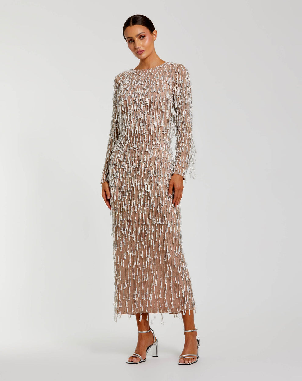 Cocktail Dresses Long Sleeve Tea Length Beaded Short Cocktail Dress Mac Duggal 10120 Ivory Nude