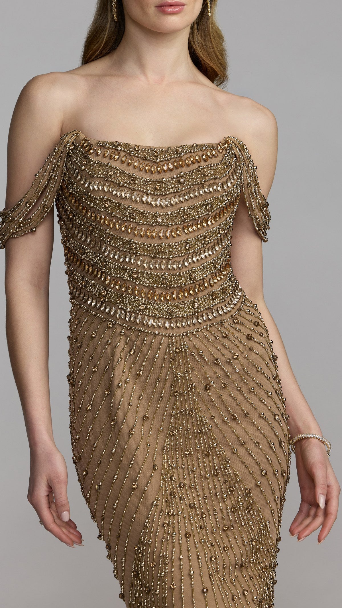 Mac Duggal style 10148 in Nutmeg, detail view