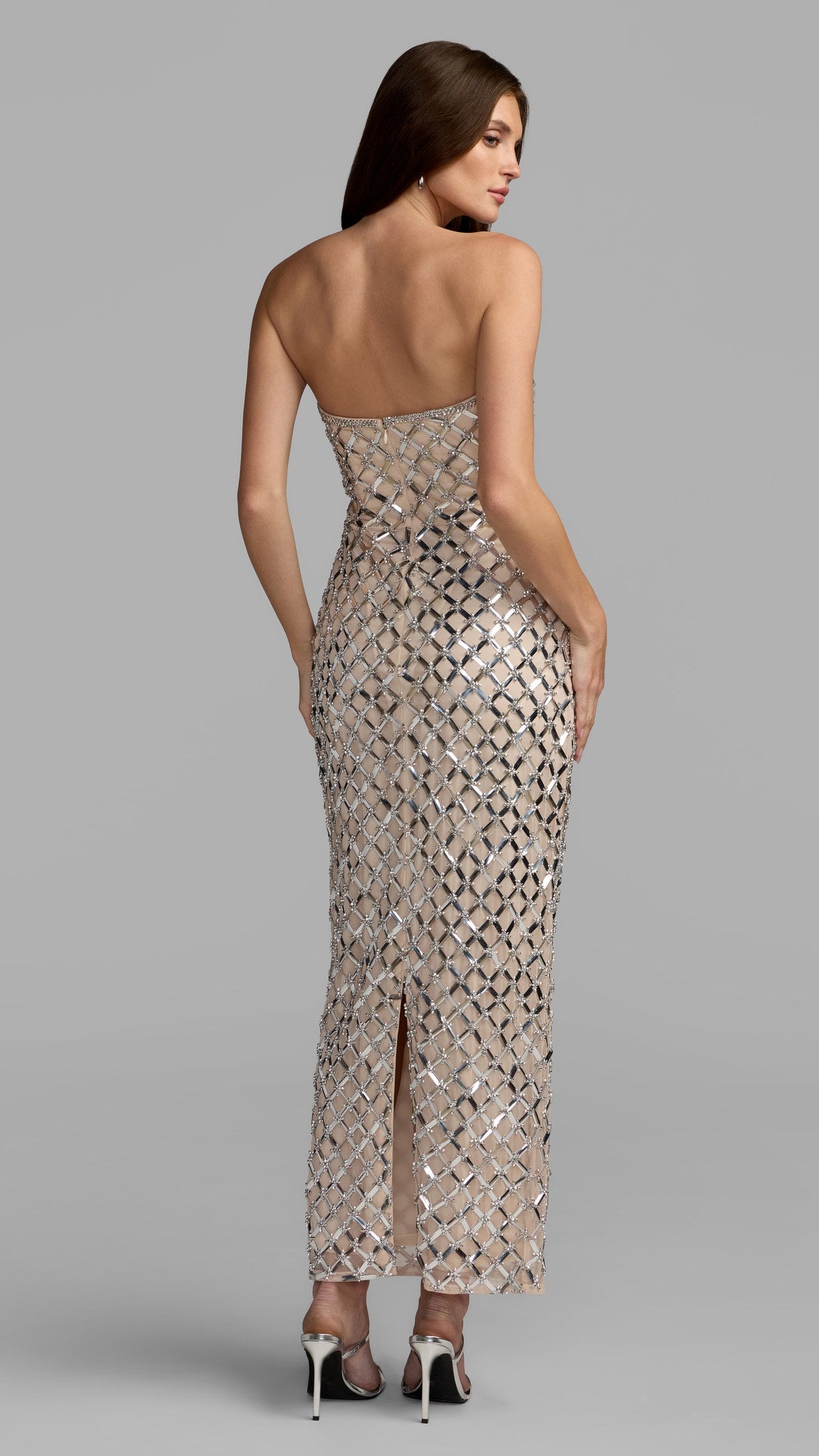 Mac Duggal style 10200 in Nude Silver, back view