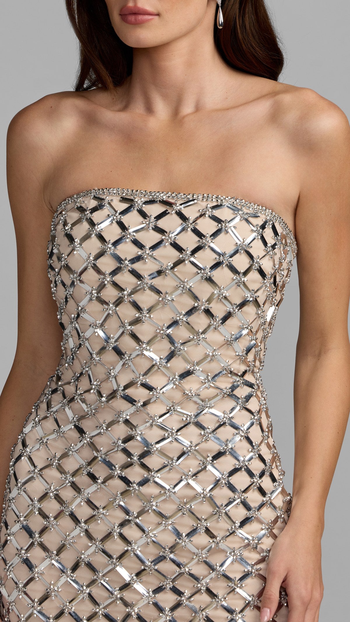 Mac Duggal style 10200 in Nude Silver, detail view