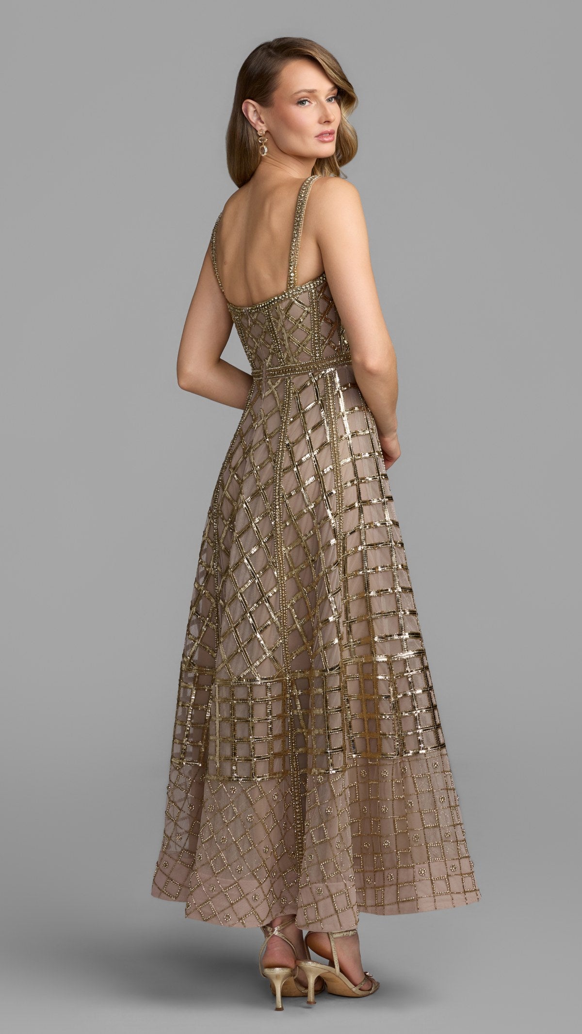 Mac Duggal style 10233 in Gold, back view