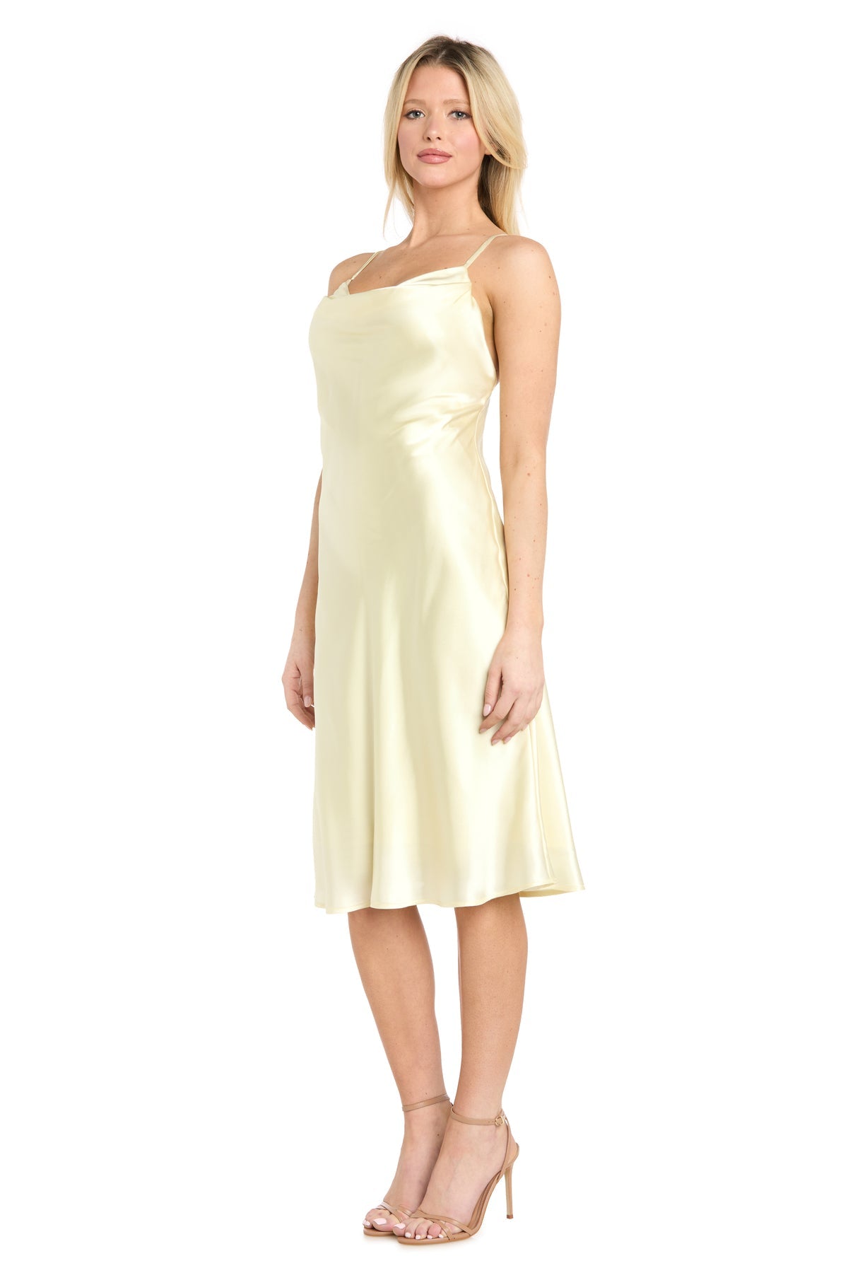 Cowl Neck Midi Satin Cocktail Dress by Morgan & Co 10248 in Cream
