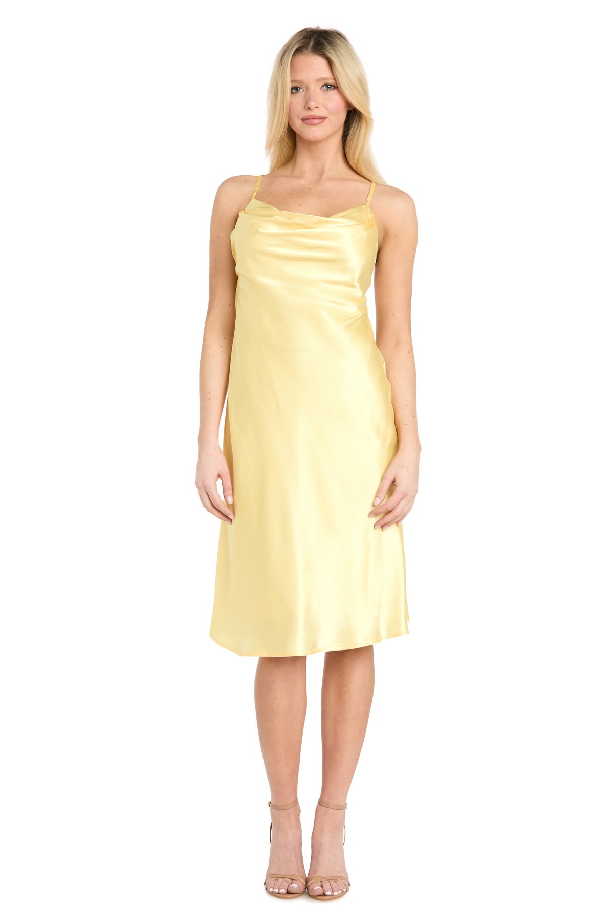 Cowl Neck Midi Satin Cocktail Dress by Morgan & Co 10248 in Lemon